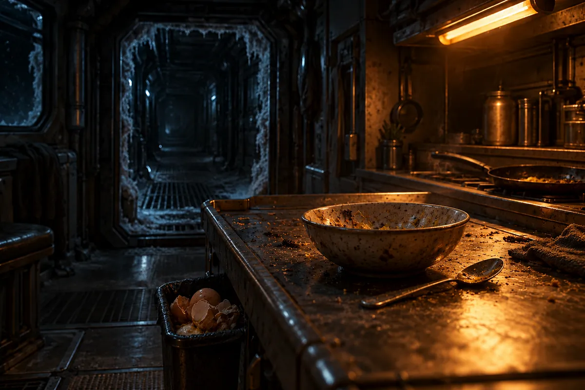 The galley: a small, warm-lit room with one used bowl and a spoon on the counter, a pan on the stove and fresh eggshells in the bin, nobody there.
