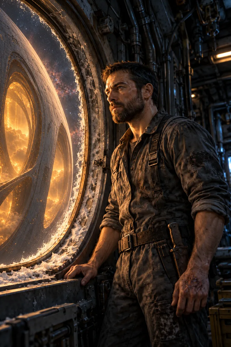 Nate Halloran, the lead of Dreamless, in a worn gray engineer's coverall, looking out of a frosted porthole.