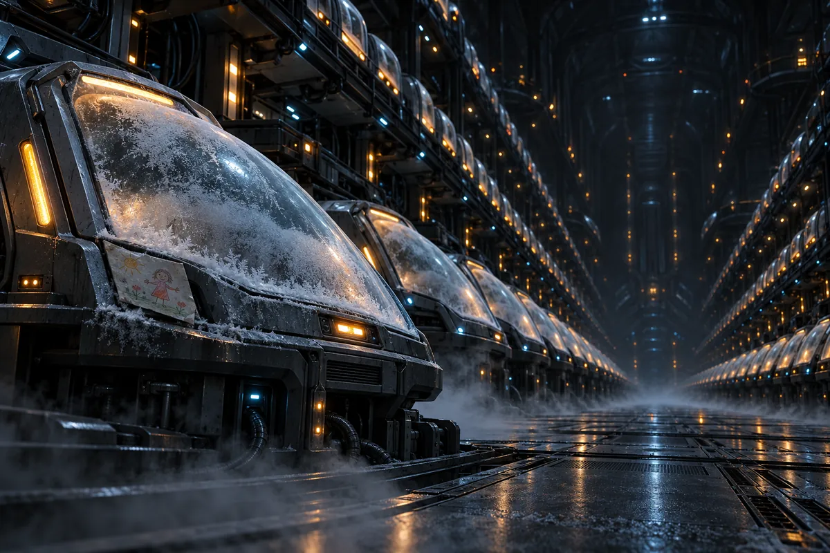 The cryo vault: rows of frosted sleeper pods fading into the dark.